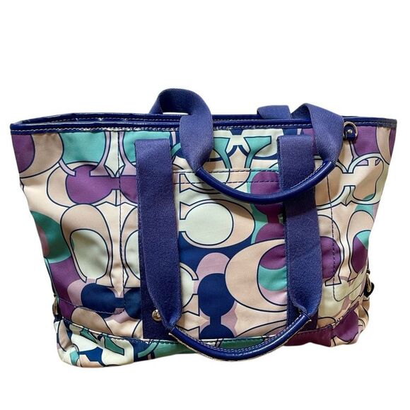Coach Kyra Scarf Print C Signature Tote Bag Purple Blue Vintage Geometric Medium - Picture 1 of 10